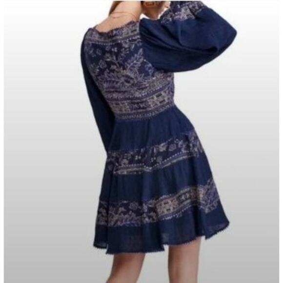 Free People XS Blue V-neck Tunic Mini Dress Sexy Babydoll Flowy Boho Festival - Picture 5 of 16